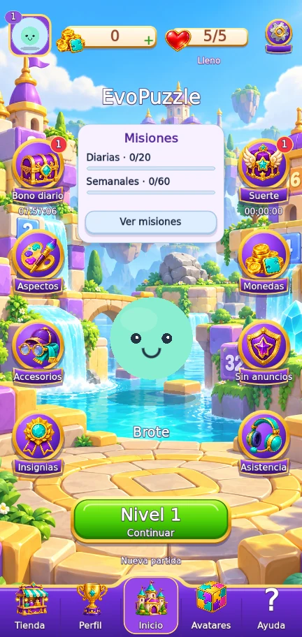 Menú de EvoPuzzle con su avatar, colección y accesos a ayuda y ajustes